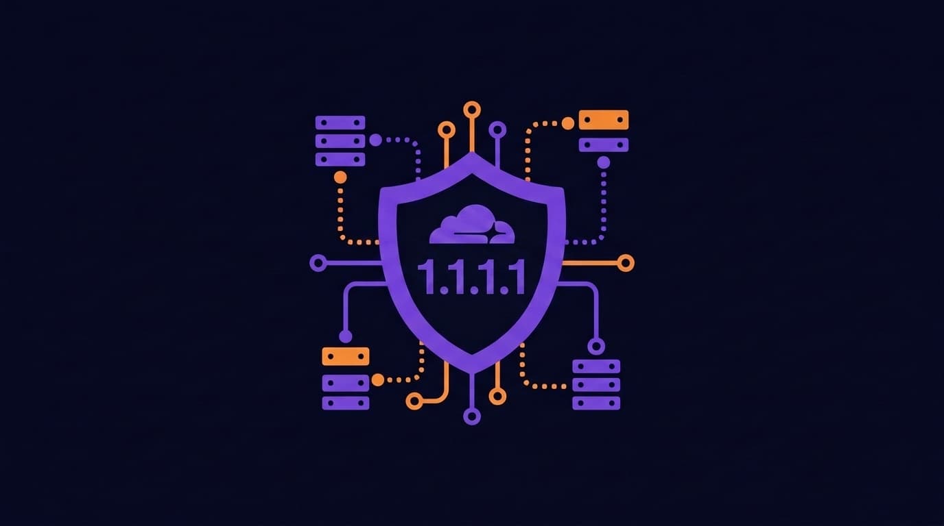 Cloudflare DNS 1.1.1.1 logo with device icons showing setup on multiple platforms