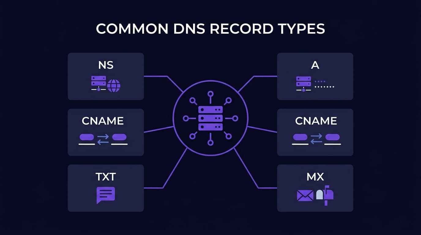 DNS record types displayed as labeled cards showing A CNAME MX TXT NS