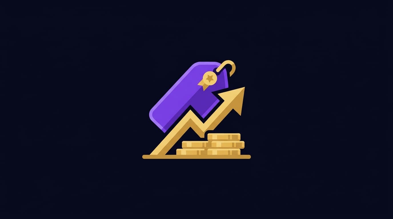 Domain name tag with upward price arrow showing domain flipping concept