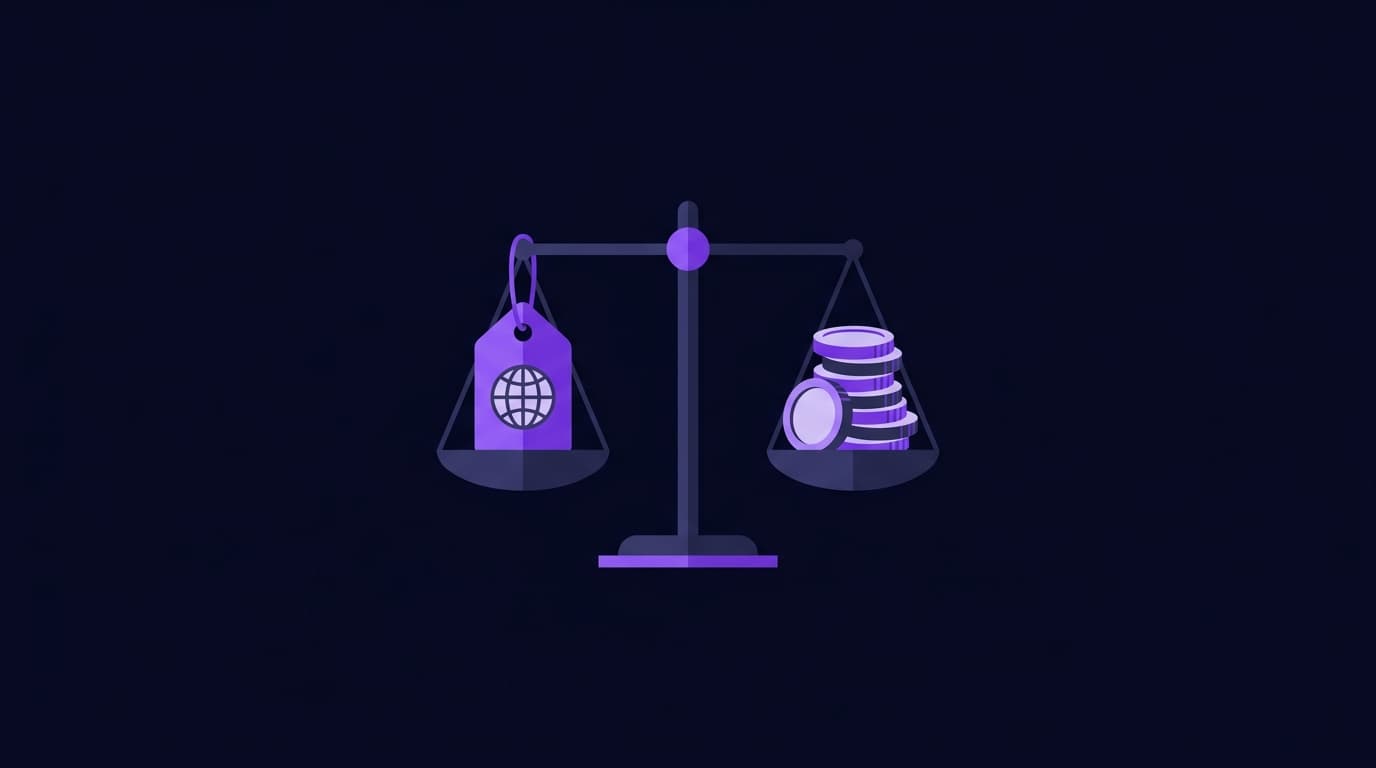 Scale balancing domain name against currency symbols showing domain valuation