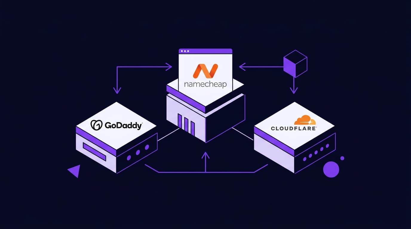 Comparison of GoDaddy Namecheap and Cloudflare registrar on dark background