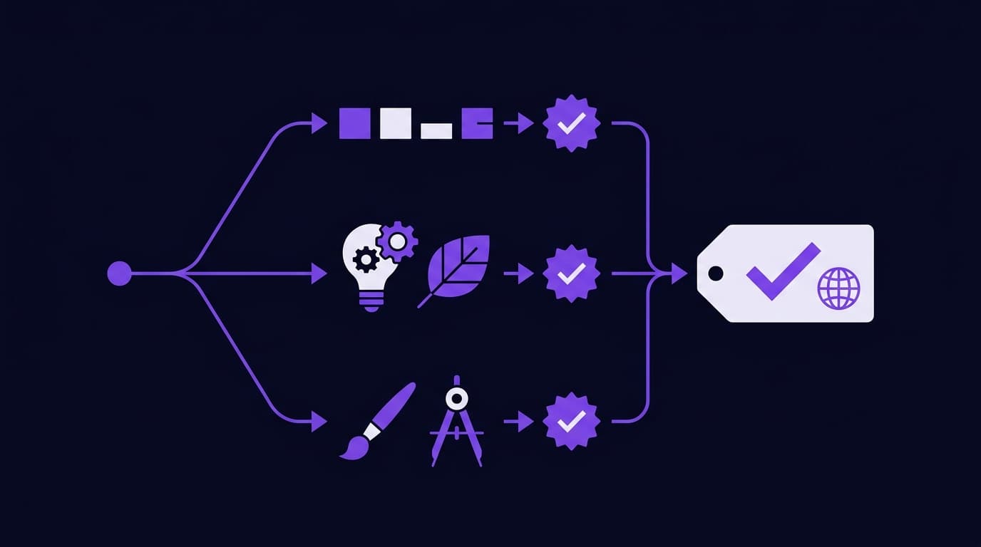 Decision path leading to a chosen domain name tag with checkmark