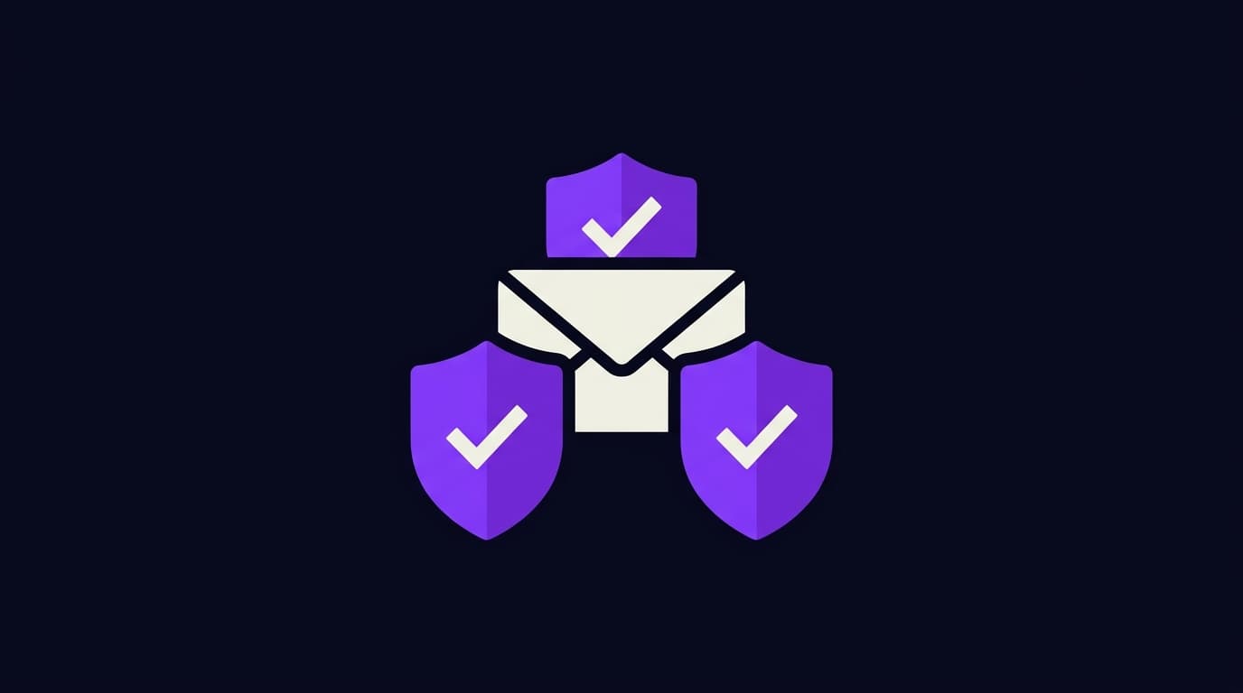 Three shield icons labeled SPF DKIM DMARC protecting email domain