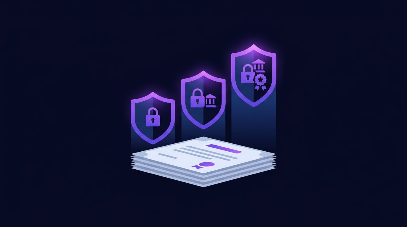 Three SSL certificate tiers DV OV EV shown as ascending levels of verification