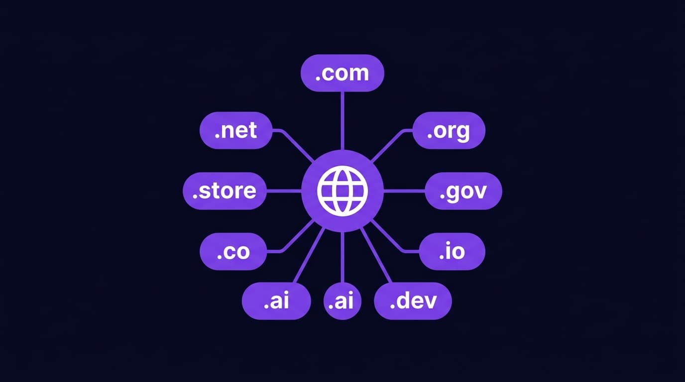 Multiple domain extension labels showing .com .org .net .io .site and country codes