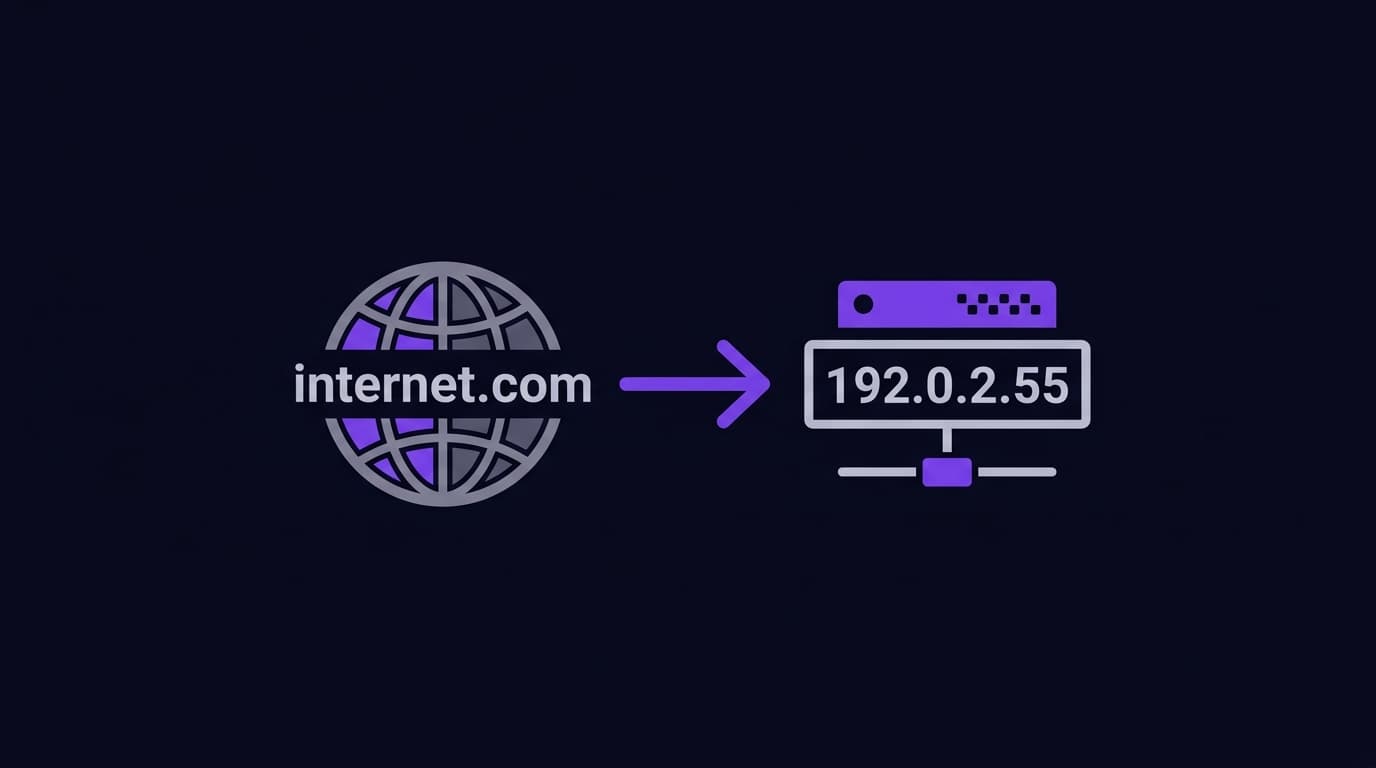 Domain name label with arrow pointing to server showing DNS resolution concept