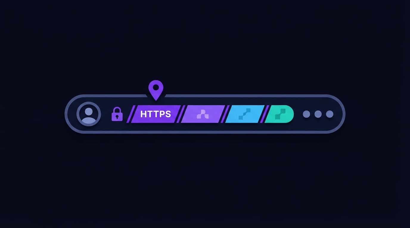 URL broken into labeled parts showing protocol subdomain domain path and query string