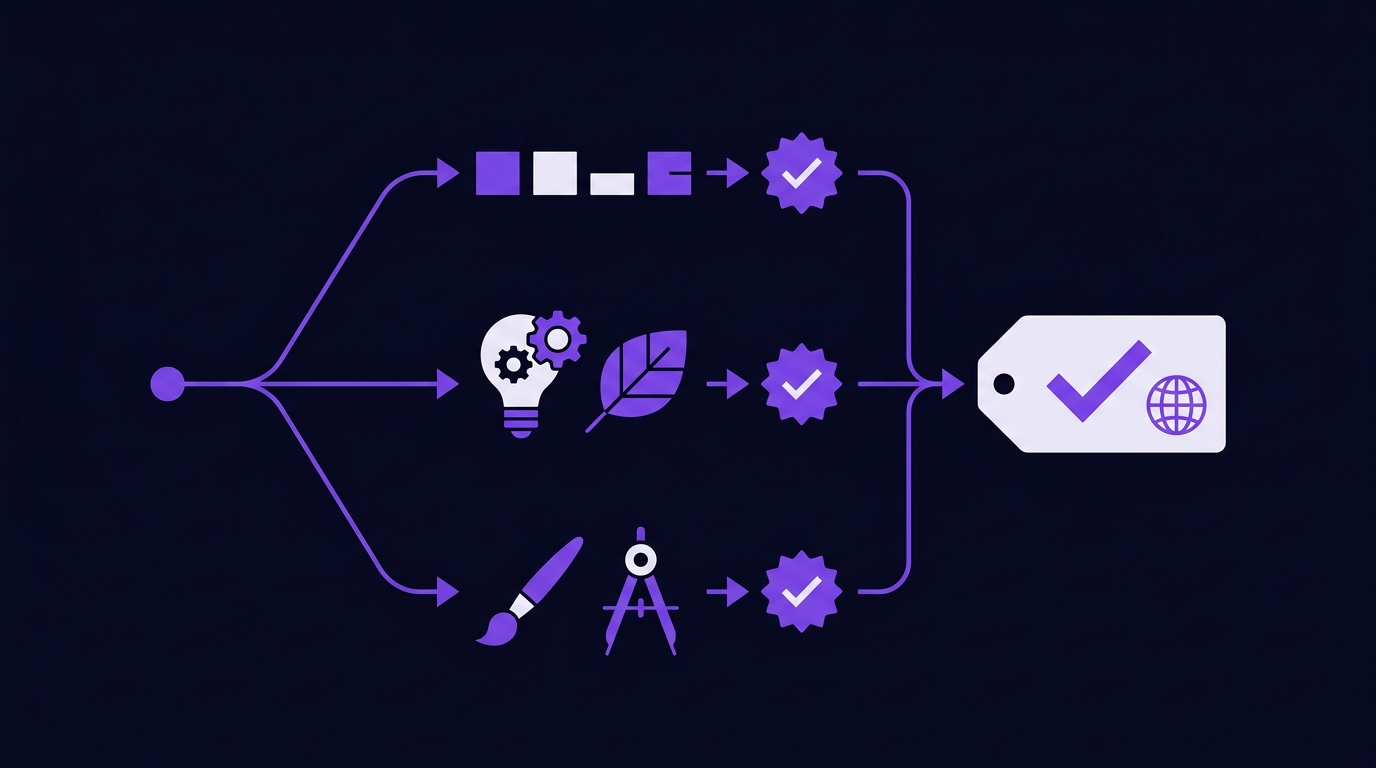 Decision path leading to a chosen domain name tag with checkmark